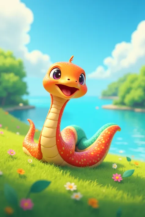 Animation, cute, 8K quality, a work of art, a delightful scene of a colorful snake with a charming face dancing and wriggling with a smile, a grassland by the water, and a beautiful blue sky.