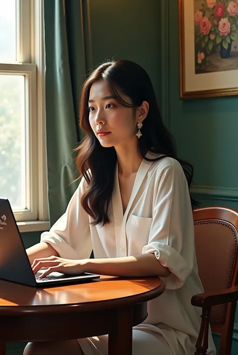 there is a woman sitting at a table with a laptop, a photorealistic painting by Ni Yuanlu, tumblr, art nouveau, screenshot from a movie, still from a movie, scene from a movie, song hye - kyo, still frame from a movie, highlight scene of the movie, still f...