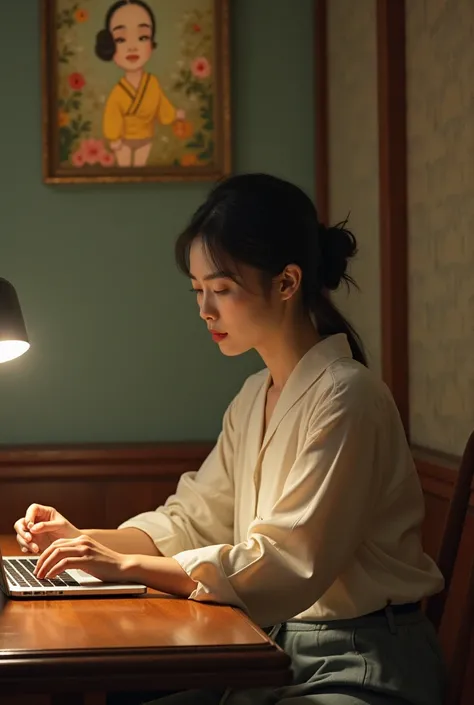 there is a woman sitting at a table with a laptop, a photorealistic painting by Ni Yuanlu, tumblr, art nouveau, screenshot from a movie, still from a movie, scene from a movie, song hye - kyo, still frame from a movie, highlight scene of the movie, still f...