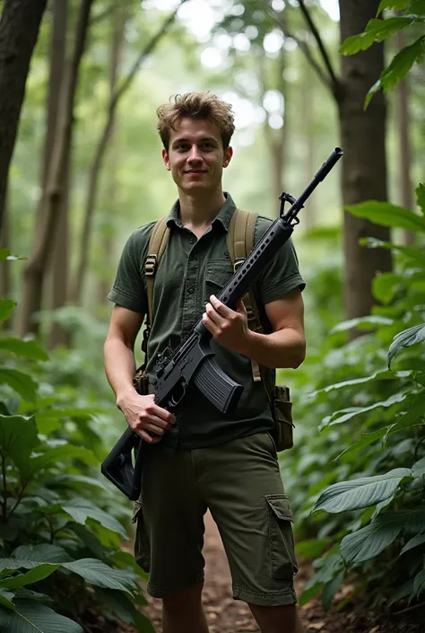 "A 20-year-old man standing in the jungle, holding a rifle in his hands, posing for a photo. He is dressed in casual outdoor clothing, surrounded by dense greenery and tall trees. The lighting is natural, with sunlight filtering through the canopy above."