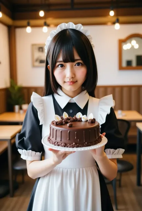 A photorealistic image of a Japanese maid cafe waitress carrying a beautifully decorated chocolate cake. The scene is set in a warm and inviting cafe interior, with perfect lighting highlighting the intricate details of her maid outfit and the cake's decor...