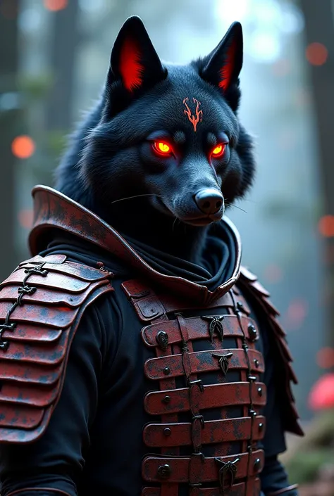 A fierce and intense black wolf samurai warrior standing confidently in a dim, mystical forest, its face clearly visible with sharp, angry eyes glowing with red, determination. The wolf wears a shiba inu-themed warrior headpiece perched on top of its head ...