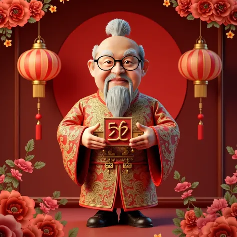 Design a unique, eye-catching 3D UHD 8K Chinese New Year 2025 greeting card/poster featuring the Wood Snake zodiac, a distinguished 60-year-old man in luxurious traditional attire holding an object clearly displaying “恭喜發財 - Gōngxǐ fācái” in a legible font...