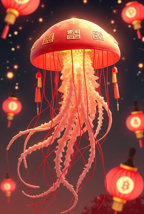 Create a vibrant Lunar New Year-themed artwork featuring a jellyfish as the central character. The jellyfish is adorned with festive red and gold elements, resembling traditional Chinese attire, with intricate patterns and tassels inspired by lantern desig...