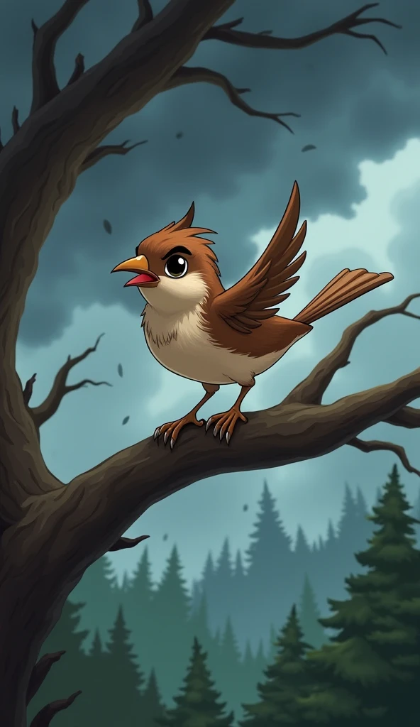 generate an cartoon image of "A close-up of the small sparrow perched on a tree branch, with a determined expression on her face. The background shows the storm building, with dark clouds and gusts of wind shaking the trees. The sparrow spreads her wings s...