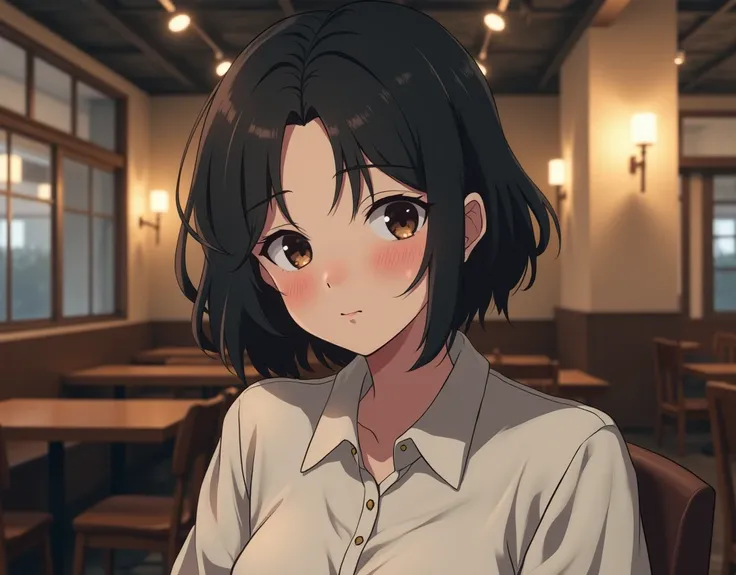 Her hair is parted 　((a perfect center part, revealing her entire forehead)).　(( center part on the back:1.8))　((Forehead:1.8))　 underground coffee shop-like space 　 anime picture for TRPG　  1girl ,high school girl ,boyish ,20 years old actress,(noble beau...