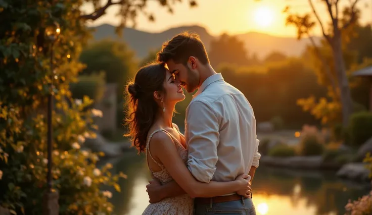 Photorealistic drawing,Full Body Shot A Mature Asian Woman Wearing Elegant Sexy Clothes And Young Man's Son-in-Law Wearing White Shirt Medium Jeans "Emotional scene in private garden at sunset, two people hugging