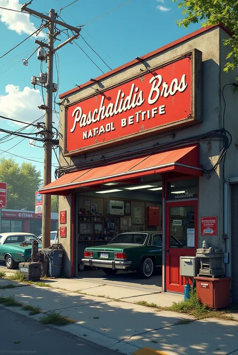 Make an auto service repair shop with a sign clearly showing the brand "paschalidis bros battery rectifie"