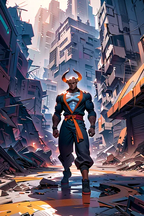 A vibrant and stylish illustration of a futuristic cityscape in ruins.  A muscular and majestic gorilla figure with large horns and a pronounced jawline, coloured in warm browns, creams and golds, dominates the scene. It has a mechanical aesthetic, combini...