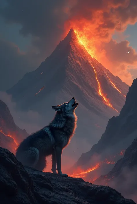 Create an image of a burning mountain and a howling wolf