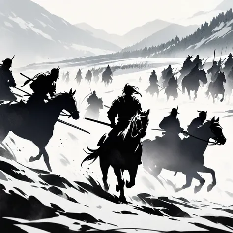  top quality,masterpiece, black and white, Japanese Samurai,Ride a horse and run through the battlefield,pocket,armor, white breath , snows,strong, silhouette