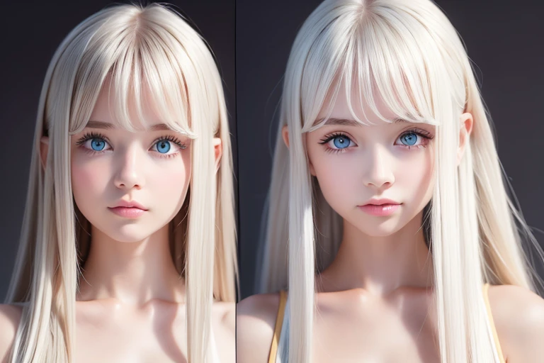 Very beautiful shining bright ice baby blue big eyes、 very big eyes 、 super long super beautiful platinum blonde hair、 super long straight hair 、Silky Hair、目にかかる長いbangs、Very Beautiful Face ,  YOUNG, GLOWY, WHITE SKIN 、 sexy and very beautiful appearance 、B...