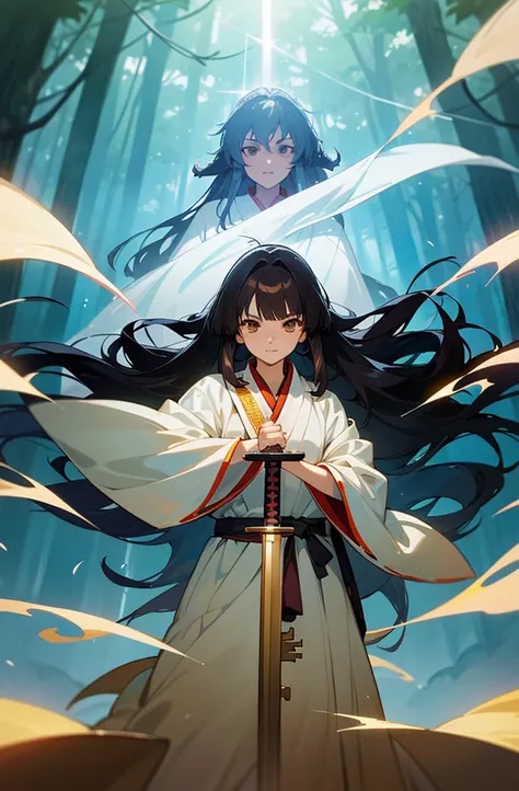 anime young teen with sword in the forest with sunbeams, wearing flowing robes, flowing white robes, flowing robes, flowing magical robe, light novel cover art, Yamato Takeru, flowing robe, holds the sword in the forest, detailed key anime art, flowing hai...