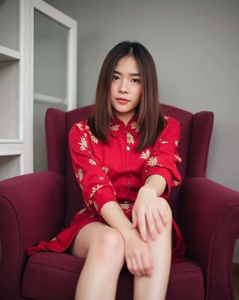 A young Asian woman, mid-20s, is seated in a maroon armchair. She is wearing a red cheongsam-style dress with gold floral embroidery. The dress is short, revealing her legs. Her hair is long, brown, and styled. She is looking directly at the camera with a ...