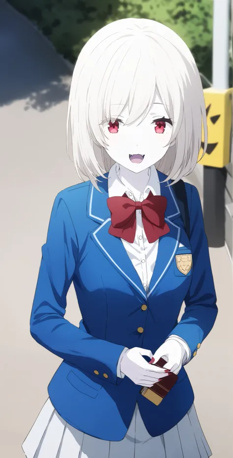  score_9,  score_8_ up,  score_7_ up,  source_Anime,  high definition , Anna,  1 girl, Alone,  school uniform ,  red eyes,  jacket ,  shirt, bow, white  shirt, blue  jacket , collared  shirt,  blazer, red bow,  medium hair , bowtie, bangs, Pure white hair,...