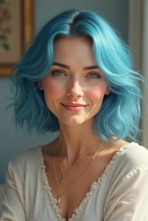 motherly woman with blue hair