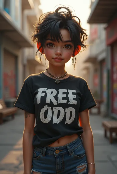 A teenager wearing a shirt that says free odd 