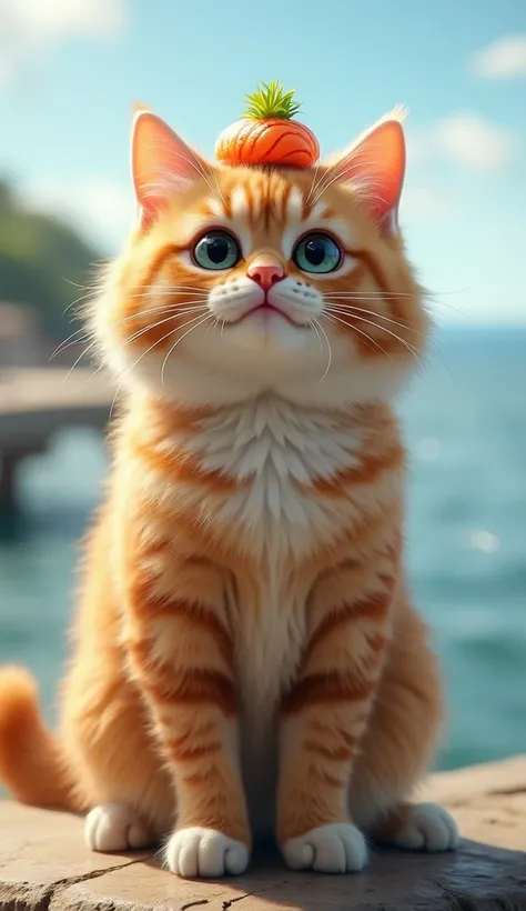 (( top quality)), ((masterpiece)), ( detailed)、 Cats standing like humans 、Real Cat、 fluffy cat 、I have sushi on my head、Watching the audience、 perfect face, Amazingly Realistic , (フォト realistic :1.4),   detailed完璧な  ， realistic 、  is present 、sea、 A cute ...