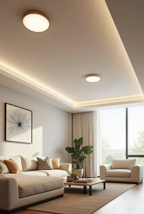 living room ceiling with flat round lights built into the ceiling, soft daylight