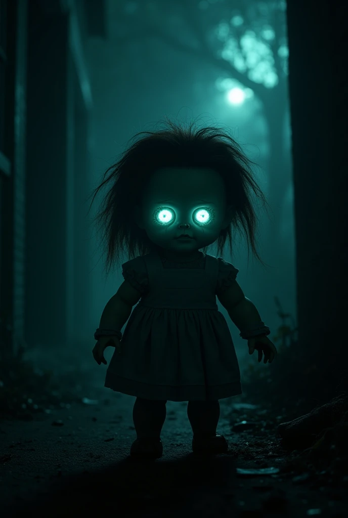 Nighttime: the creepy doll's eyes glowing in the dark.