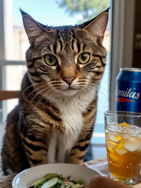 a close-up portrait of an bob cat with a grilled chicken and a glass of soda, detailed fur, intricate whiskers, intense eyes, soft lighting, realistic, photorealistic, high quality, 8k, best quality, ultra-detailed, professional, vivid colors, natural ligh...