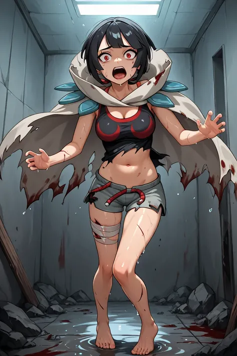 1girl, solo, zZinnia, zinnia pokemon, red eyes, short hair, black hair, black shirt, grey short shorts, torn cape, cloak,, obra maestra, mejor calidad, pelo sobre un ojo, obra maestra, mejor calidad, alta resolución, 8k, ojos verdes,, inside a stomach, sto...