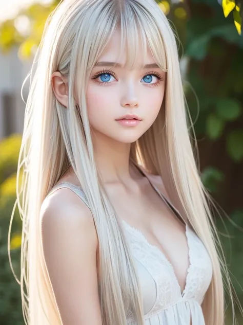 Very beautiful shining bright ice baby blue big eyes、 very big eyes 、 super long super beautiful platinum blonde hair、 super long straight hair 、Silky Hair、目にかかる長いbangs、Very Beautiful Face ,  YOUNG, GLOWY, WHITE SKIN 、 sexy and very beautiful appearance 、B...