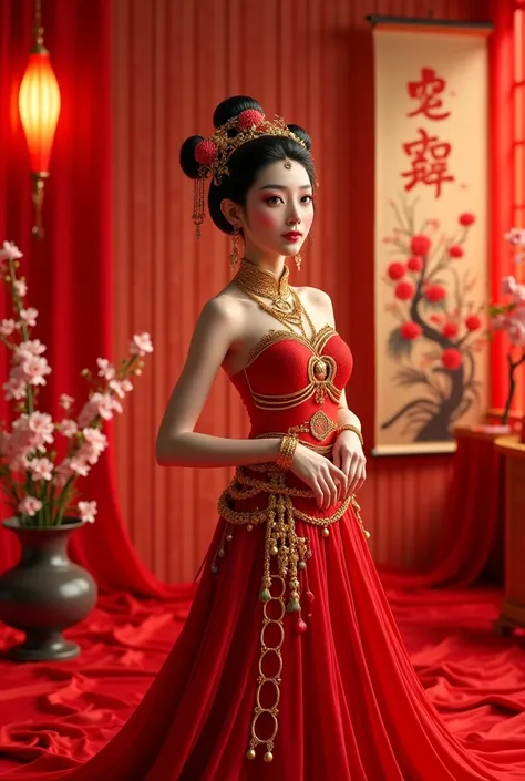 A gracefully posed of woman, in an ornate setting with a red and gold color palette. She wears a luxurious, modernized traditional outfit inspired by historical Chinese or fantasy themes, featuring a red halter-style top adorned with intricate gold embroid...