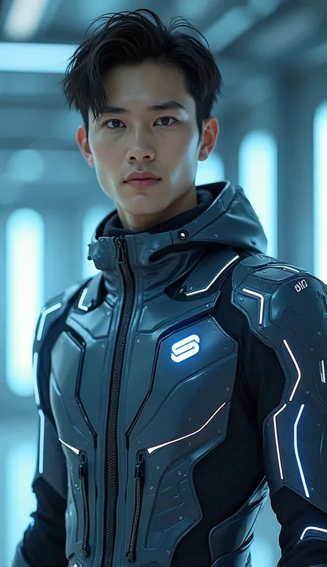 (photorealism:1.2),  very Handsome japanese man, 22-27 year-old, Situation: AI Model in Futuristic, High-Tech Environments, **Outfit**: Dress the AI male model in sleek, futuristic clothing like metallic or holographic suits, cyberpunk-inspired outfits, or...