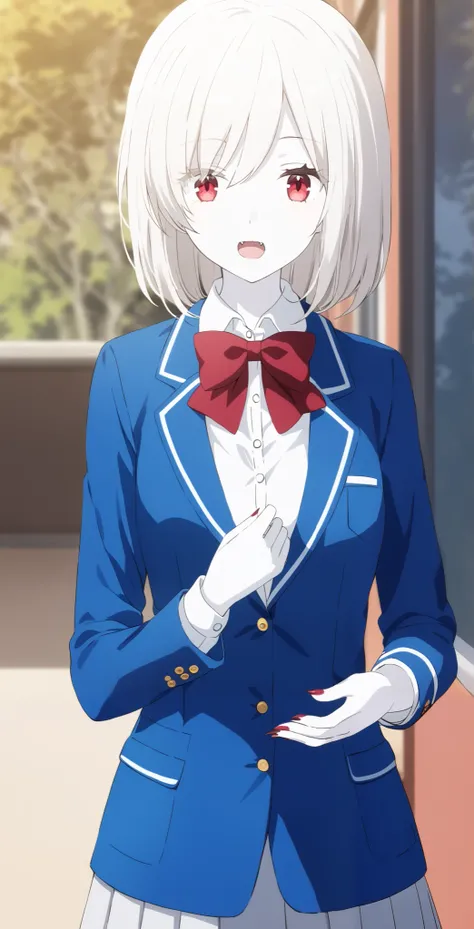  score_9,  score_8_ up,  score_7_ up,  source_Anime,  high definition , Anna,  1 girl, Alone,  school uniform ,  red eyes,  jacket ,  shirt, bow, white  shirt, blue  jacket , collared  shirt,  blazer, red bow,  medium hair , bowtie, bangs, Pure white hair,...