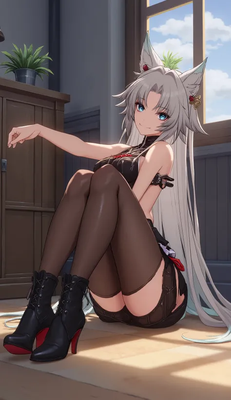 Feixiao (from the videogame Honkai Star Rail), her authentic grey hair, giving a seducing face expression, slim body, small breasts, wearing sexy dessous, wearing a pantyhose, wearing beautiful ankle boots with heels, sitting on the floor, focus on her fee...