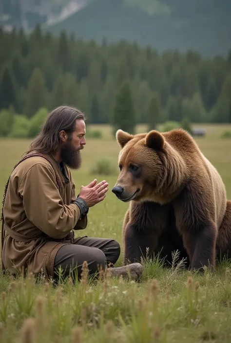  The image shows a man with long hair and a beard ,  wearing simple, rustic-looking clothing ,  sitting on the floor of a grassy area .  He seems to be in a moment of connection with a large brown bear , that is in front of you. The man keeps his hands tog...