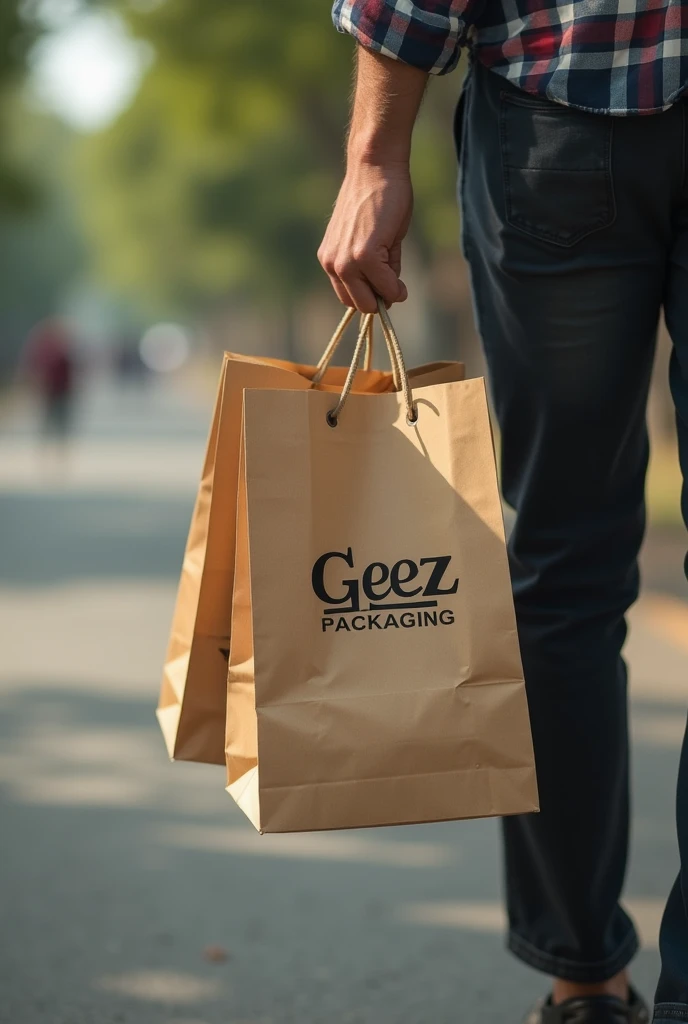 Paper bags with takeing logo which called " geez packaging " taking with someone hands in roads