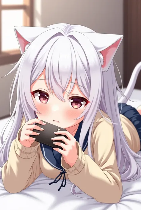 Horizontal photo the size of a phone keyboard, a cute anime girl with long white hair, white cat ears, wearing a short skirt uniform, wearing a light-colored sweater with long sleeves covering her hands, Lying on the bed, expressionless face, eyes looking ...