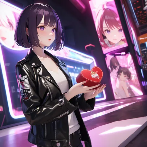 masterpiece ,  high quality, is present, 3d,Yuzuko, 。It's like mistaking it for a human、full bodand, modern andoung woman with sleek  hair in a bob cut, wearing a leather jacket matched  shirts with a red heart pin, hot pants,standing against a futuristic ...