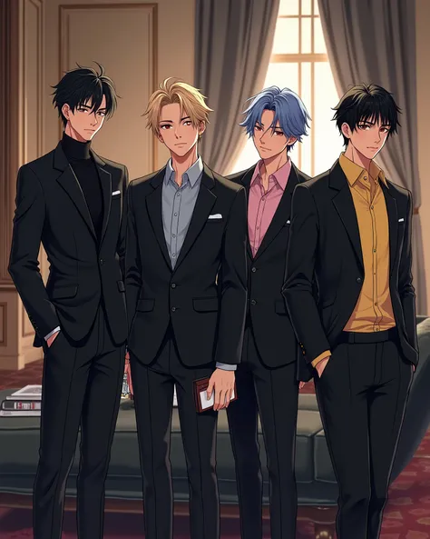 부드러운 회화체, 섬세한 일러스트, 4 men standing in a luxury house, the first man has black hair, cold expression, wearing a black suit, neat hair, brown eyes, a black turtleneck, wearing a wristwatch, standing beside a sofa, holding a book, the second man has light pin...