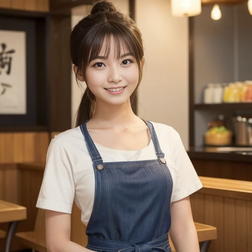 An illustration of a waitress working in a Japanese diner. She is wearing a bright yellow T-shirt, layered casual look, a navy blue apron and jeans. She is carrying a bowl of ramen and has her hair styled in a bun. The background shows the bustling interio...