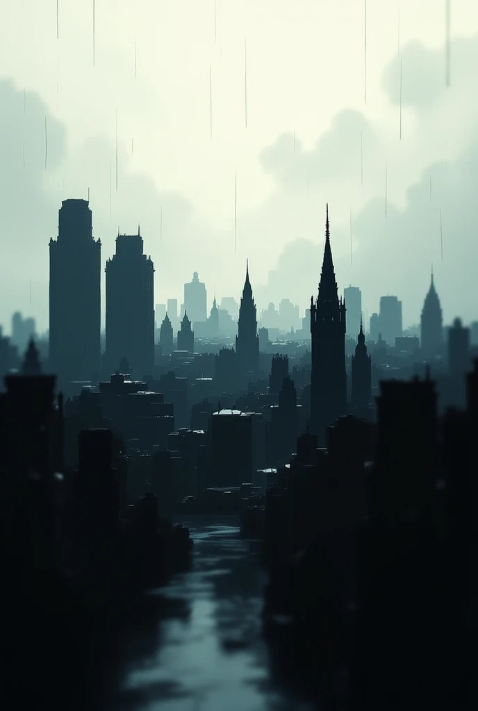  silhouetteイラスト,  silhouette,  cityscape ,  full of tranquility and beauty, Rainy blurry background , Drawn in detail, No_humans, No_Cars, No_text, No_signature, 