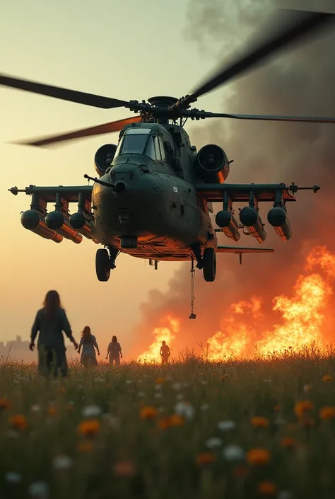 A Mi-24 Hind attack helicopter that torches a field of women with its weapons 