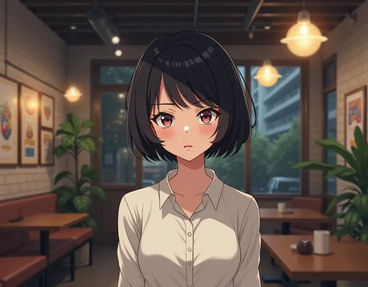 Her hair is parted 　((a perfect center part, revealing her entire forehead)).　(( center part on the back:1.8))　((Forehead:1.8))　 underground coffee shop-style space　 anime picture for TRPG　  1girl ,high school girl ,boyish ,20 years old actress,(noble beau...