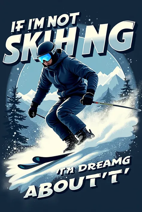 Create a bold and stylish t-shirt design featuring a skiing theme. The design should include a dynamic, high-energy skier in mid-action, carving through the snow with a trail of snow spray behind. The skier should wear sleek, modern gear with a cool helmet...