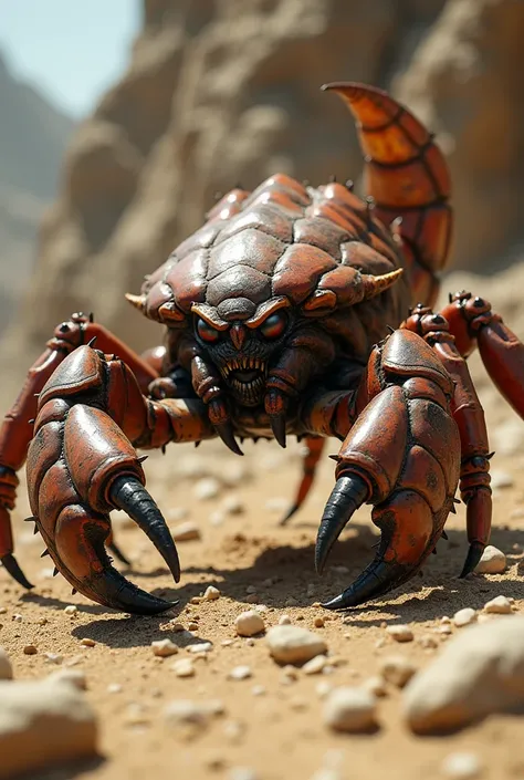 A highly detailed, ultra-realistic hybrid creature combining the features of a crab and a scorpion in a fierce stance. This monstrous being has the armored, segmented body and curved venomous tail of a scorpion, fused with the thick, textured shell and pow...