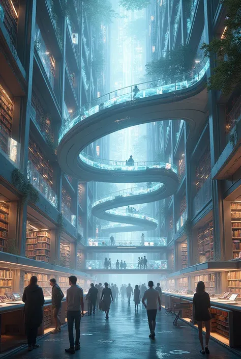 The interior of a futuristic library 