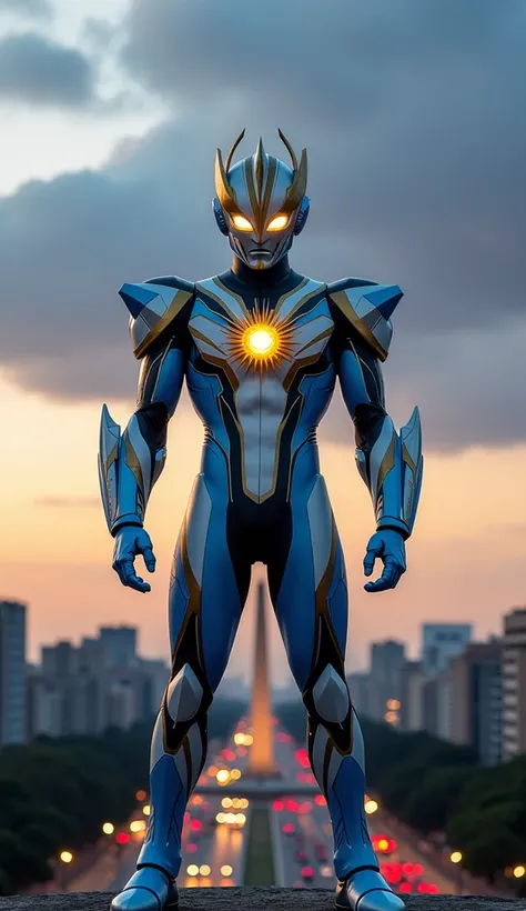 "A towering Ultraman with sleek armor inspired by the Argentine flag (sky blue, white, and gold), featuring a glowing sun emblem on the chest and streamlined patterns evoking the Pampas. His helmet has a crest resembling the rays of the Sun of May. The Ult...