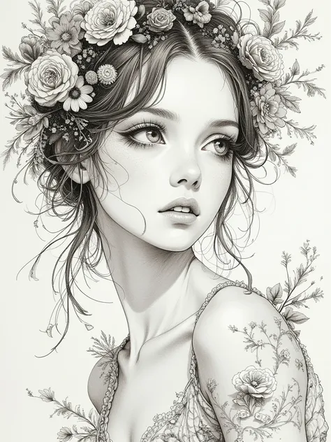 Pen and Ink, (One of the Most Beautiful Girls in God's Creation), Uplifting, Healing, Longing for Life, Half Body Shot, Sleeveless Dress, Perfect Composition, Detail, Top Quality, Masterpiece