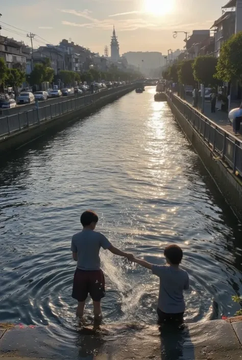  top quality,  mess up in the canal Details, 【FHD, 16k,   is ridiculous,  landscape photography, city, happy,  smiles, internal, At the pool , With water, , in the afternoon,  Cell Anime ,  wide shot, noon, white