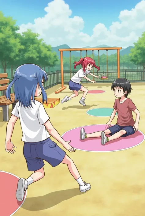 Playground, bench, swings, jump rope, 3 girl, 1 blue hair twintails and 1 red hair pigtails playing jump rope in background, 1 boy playing jump rope, 1 black hair and short hair and bangs and ponytail, lying down, on the floor, play mats, amber eyes, stret...