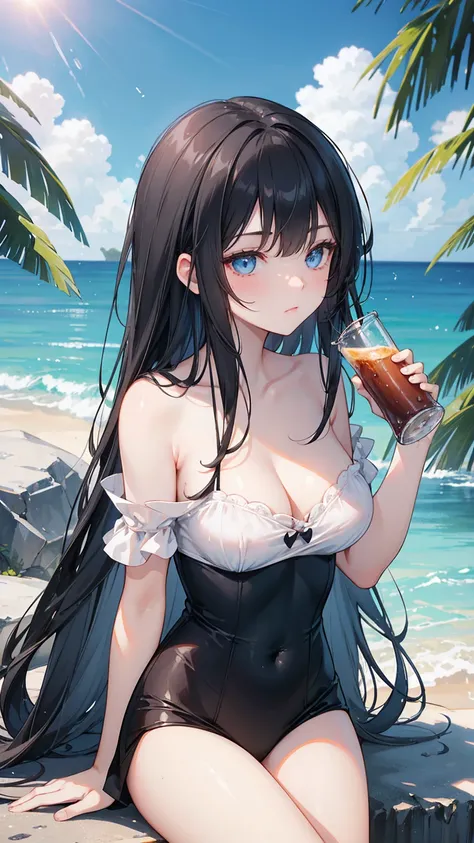  long black straight hair , swimsuit,  blue eyes ， Holding a soda , Relaxation posture, sit, review, HEALTHY SKIN , Outdoor scenery, Blue sky, Bright natural lighting ,  and the sun shines in from the top left, Warm and soft atmosphere, Side Angle, Moderat...