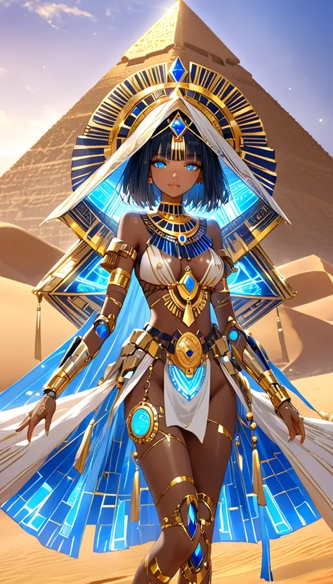  Cyber Egypt Queen。Machine Girl。black bob cut 。Egyptian Clothes 。 cyber armor that manipulates messengers。Mechanical Arm。 supine 。 cyber pyramid 。 desert。Gold decoration。 brown skin。 light blue eyes。 Headdress 。ring clothes