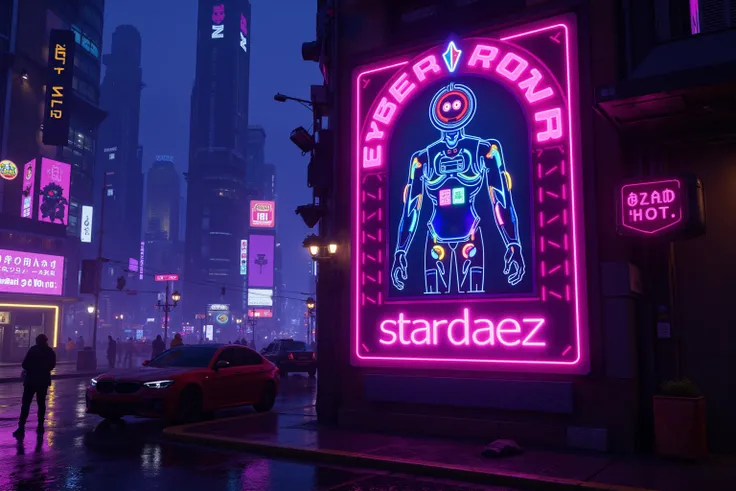 Rainbow neon cyber robot sign in Cyber City that says "ADD HOST: STARDAEZ"